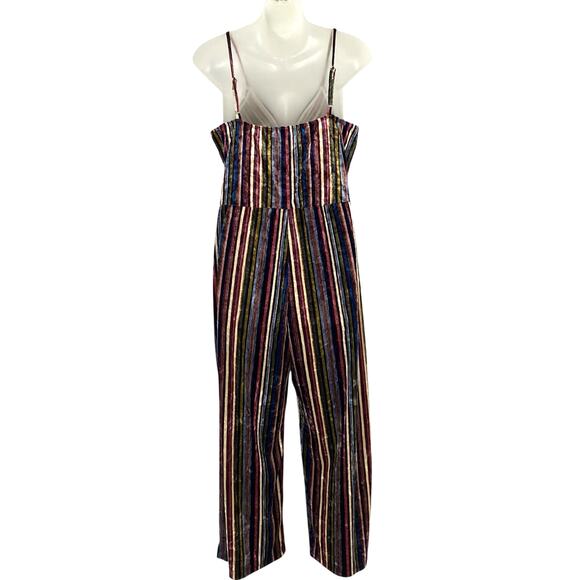 Hiatus Crushed Velvet Striped Jumpsuit Women L Burgundy Boho Hippie Wide Leg 90s - Picture 2 of 11